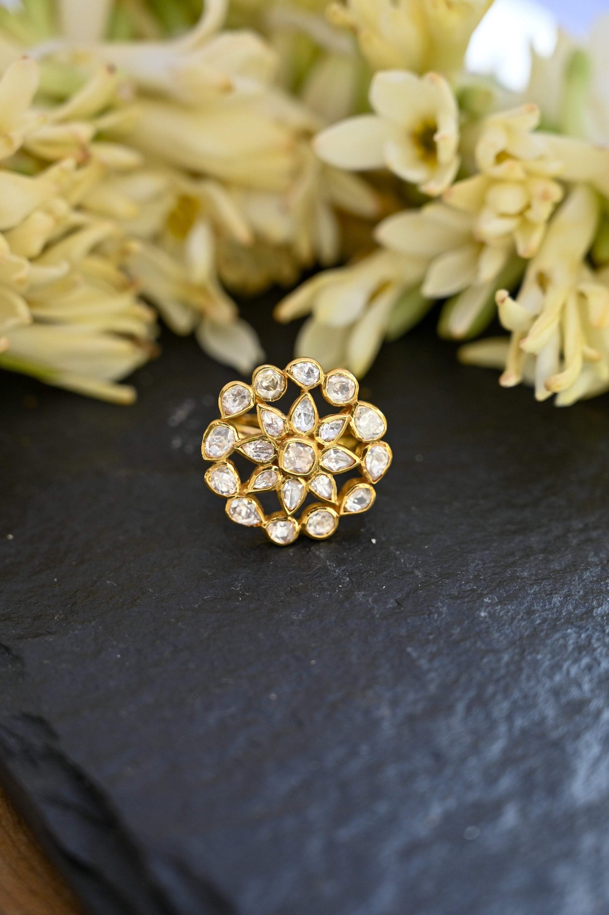 Regal Dream Handcrafted Adjustable 92.5 Silver Ring with Moissanite polki