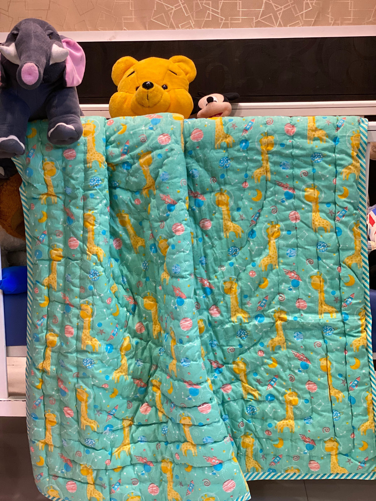 Green Giraffe Elephant Blockprint Kids Quilt