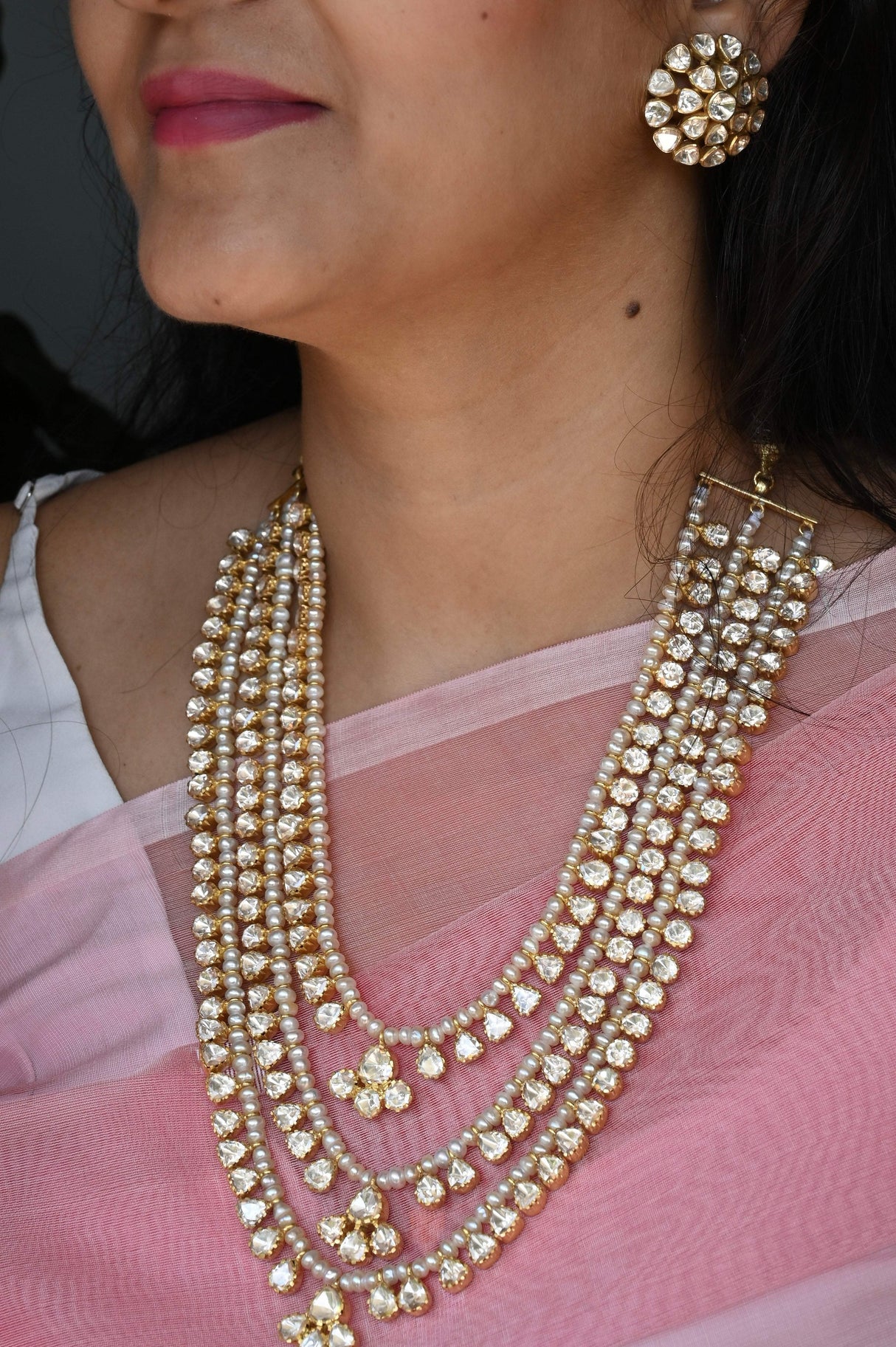 Handcrafted 92.5 Silver Rani Haar and Earrings With Moissanite Polki