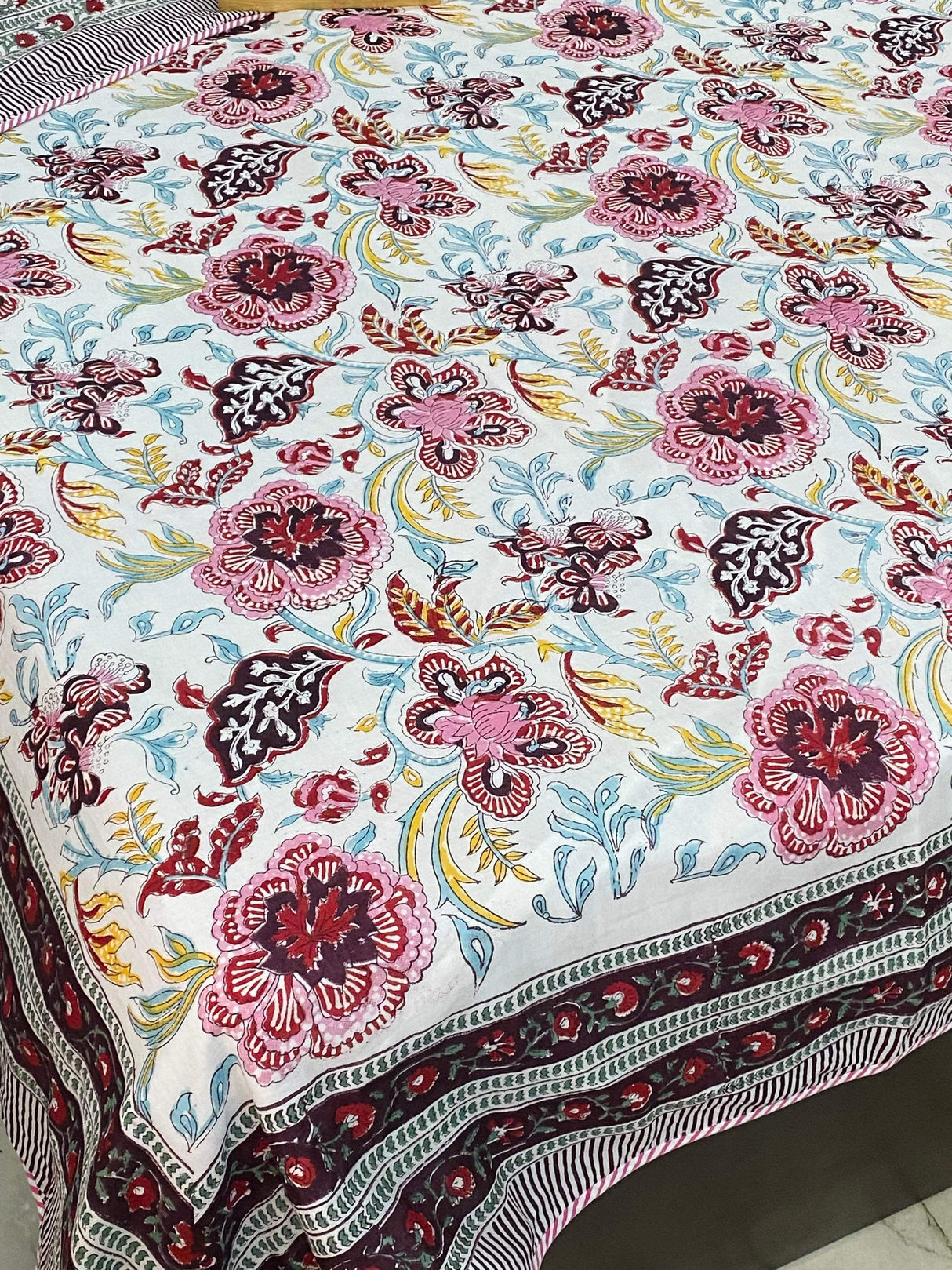 Pink & Maroon Floral Blockprint Bedsheet Dohar Set