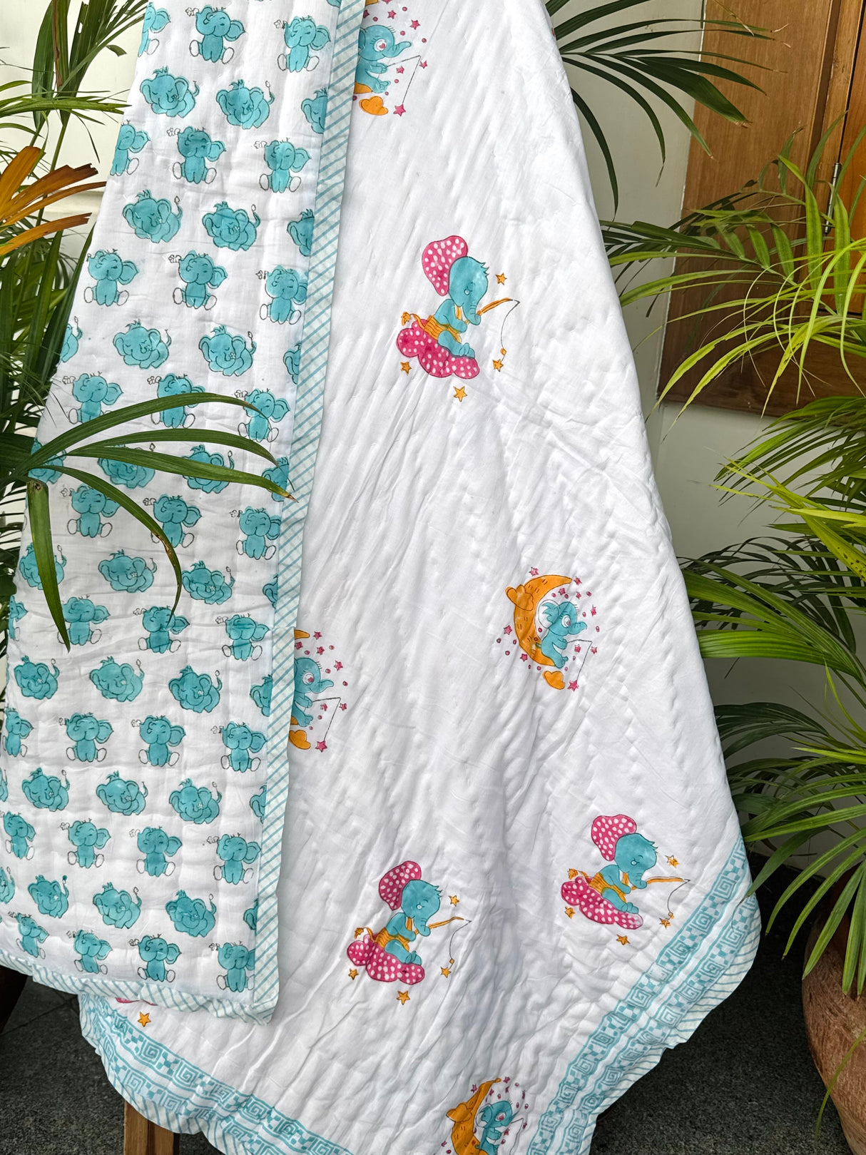 Moonlit Elephant Dreams Blockprint Quilt