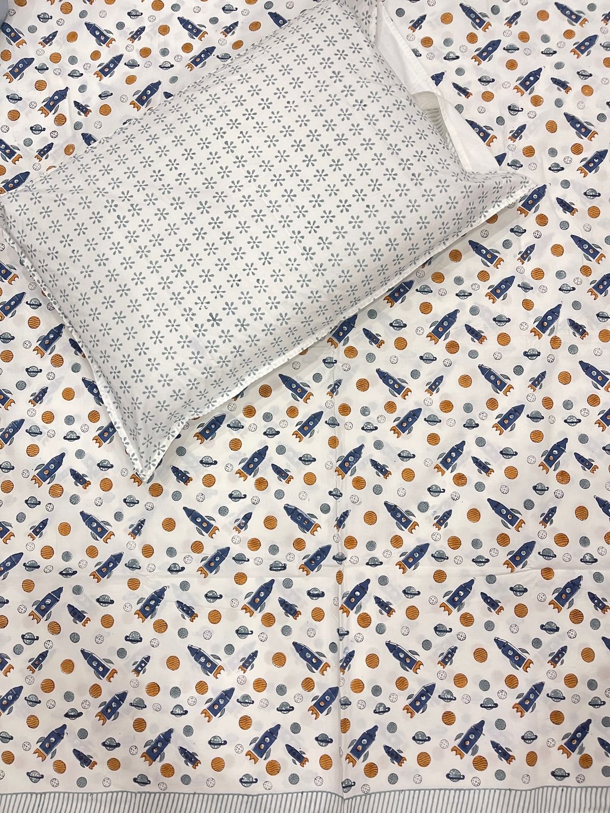Blue Space Theme Handblock Printed Kids Cotton Bedsheet