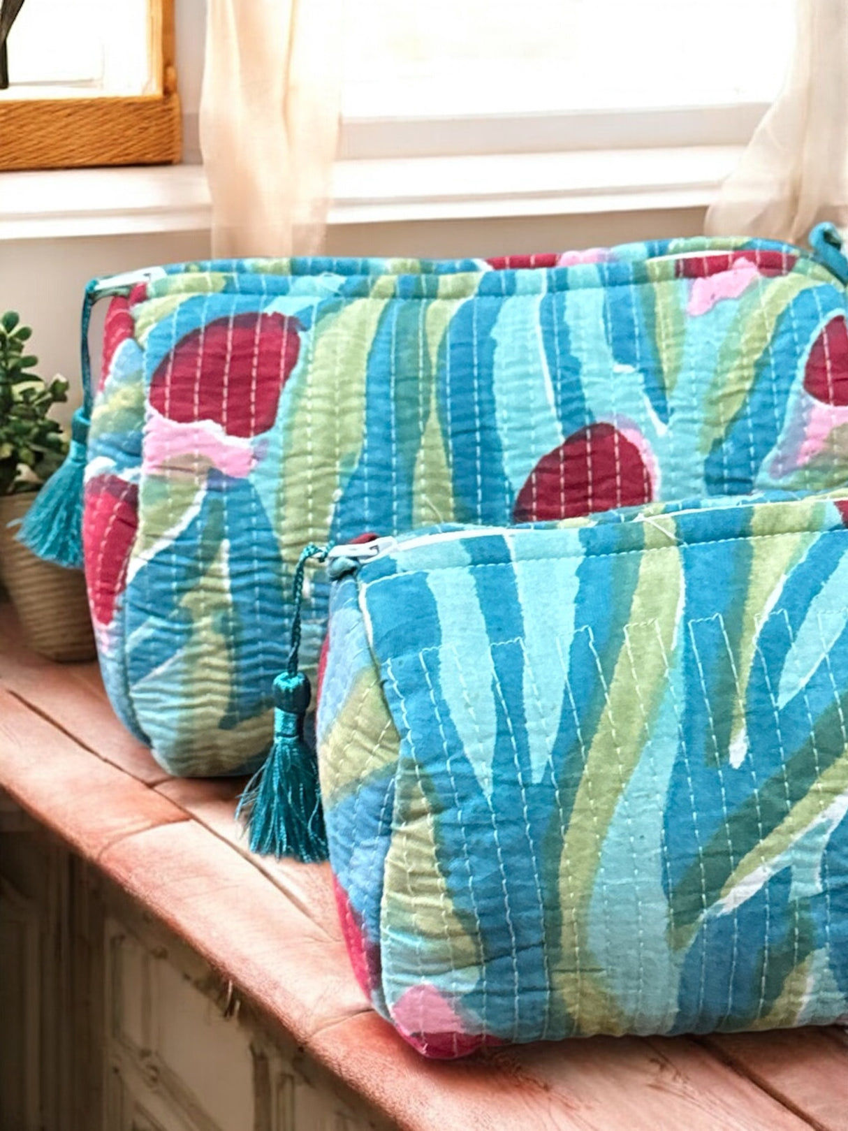 Green Tulips Set of 2 Pouches (medium and small)