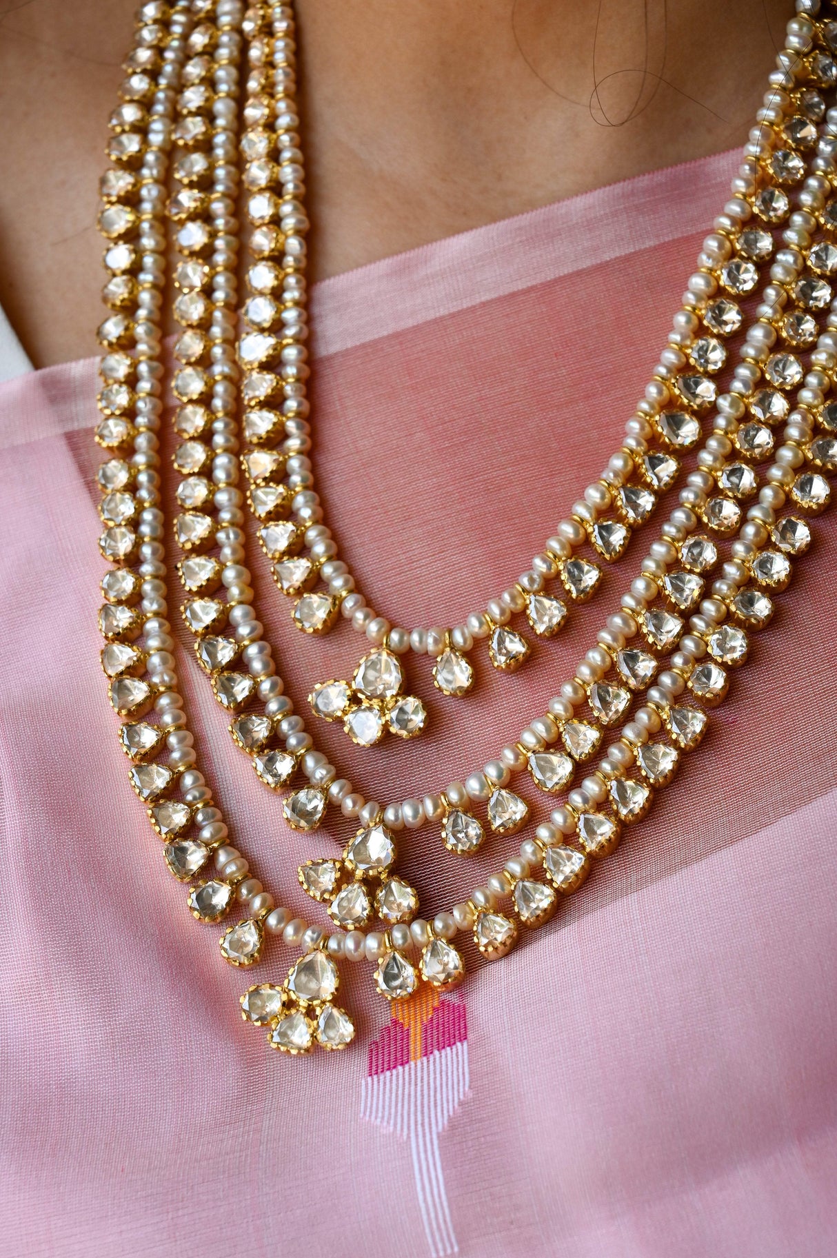 Handcrafted 92.5 Silver Rani Haar and Earrings With Moissanite Polki