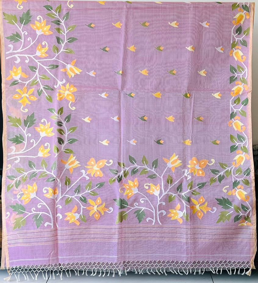 Pink Handloom Muslin Silk Saree with Jamdani weaving