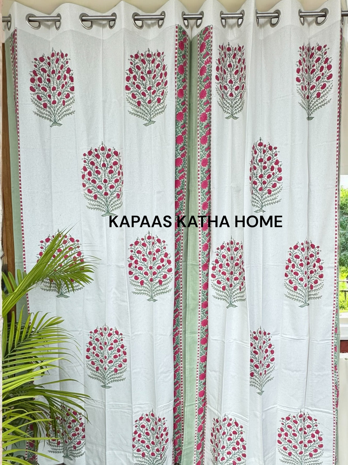 Pair of Pink Blockprint Cotton Curtain (Set of 2)