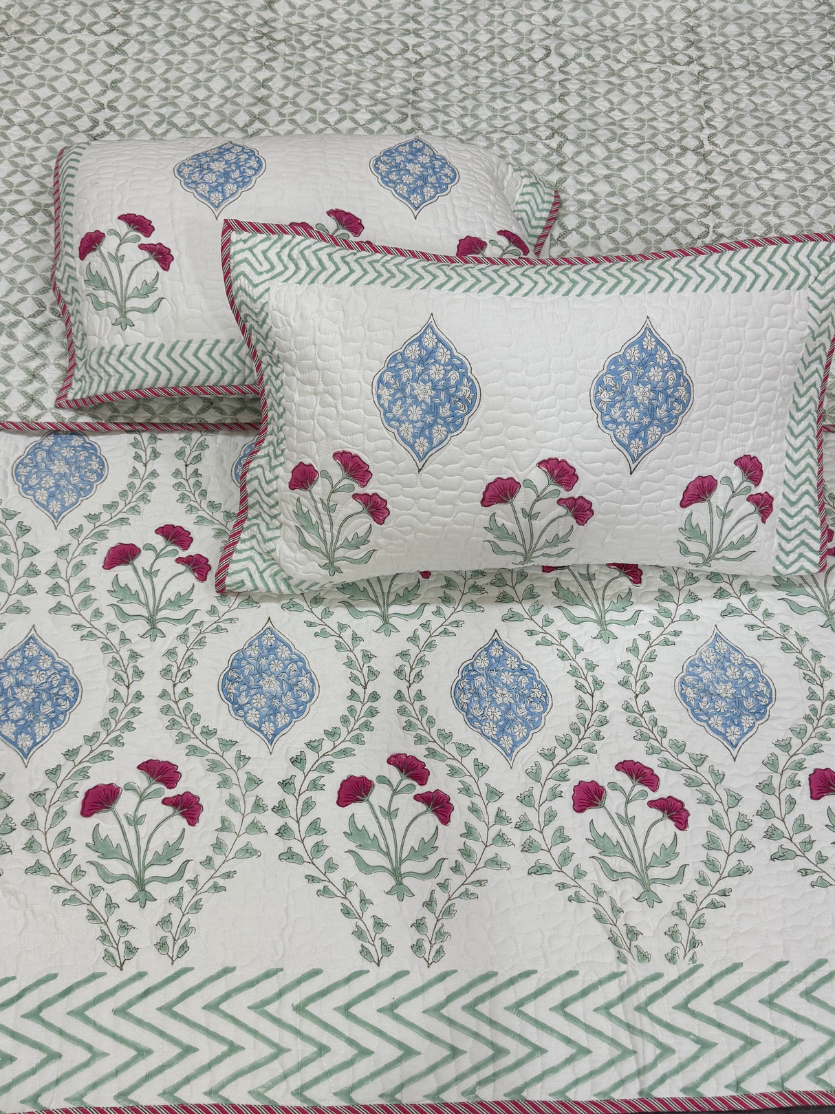 KING Size Quilted Blockprint REVERSIBLE Mulmul Bedcover (108*108 inches)