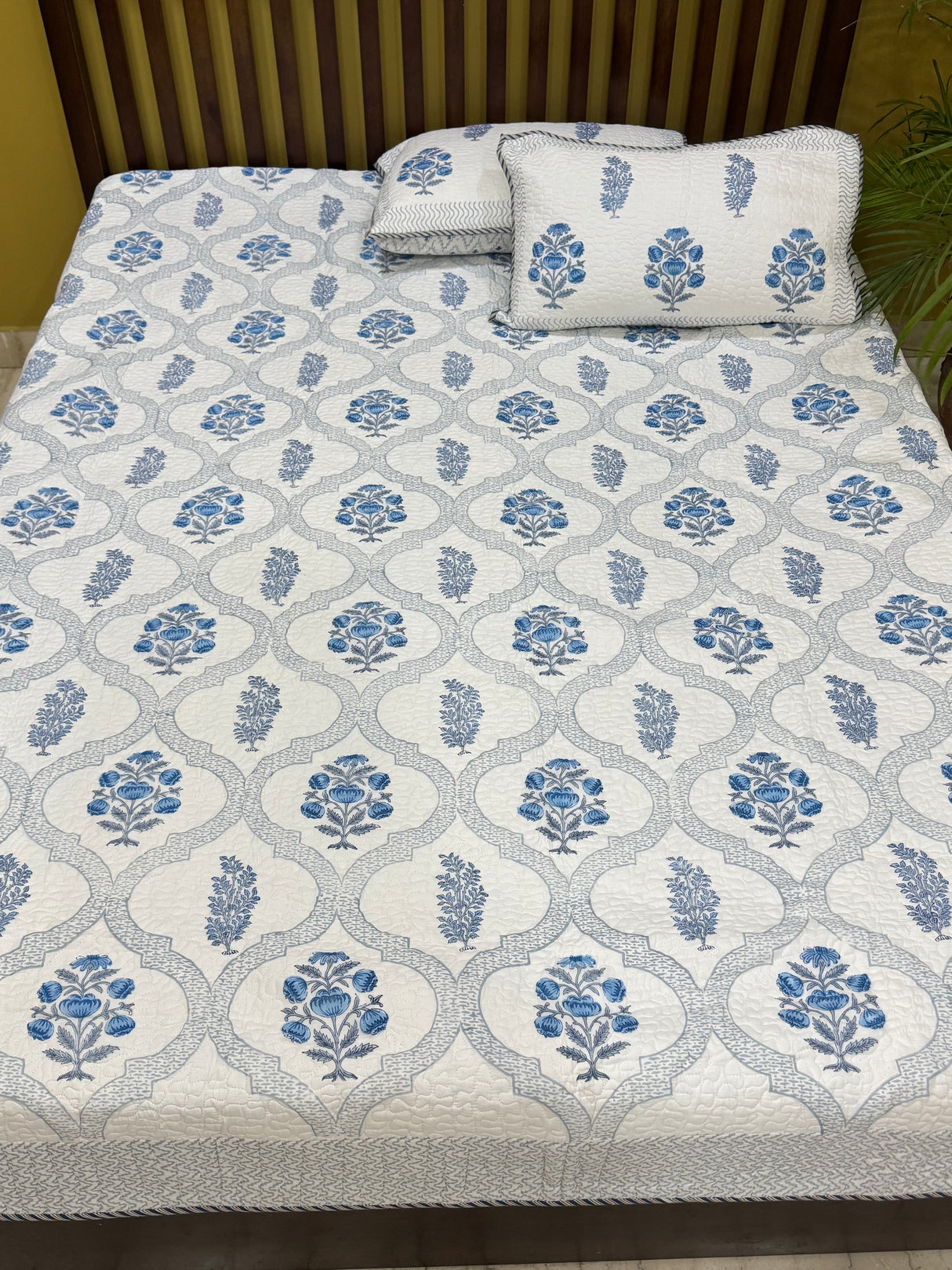 KING Size Quilted Blockprint REVERSIBLE Mulmul Bedcover (108*108 inches)