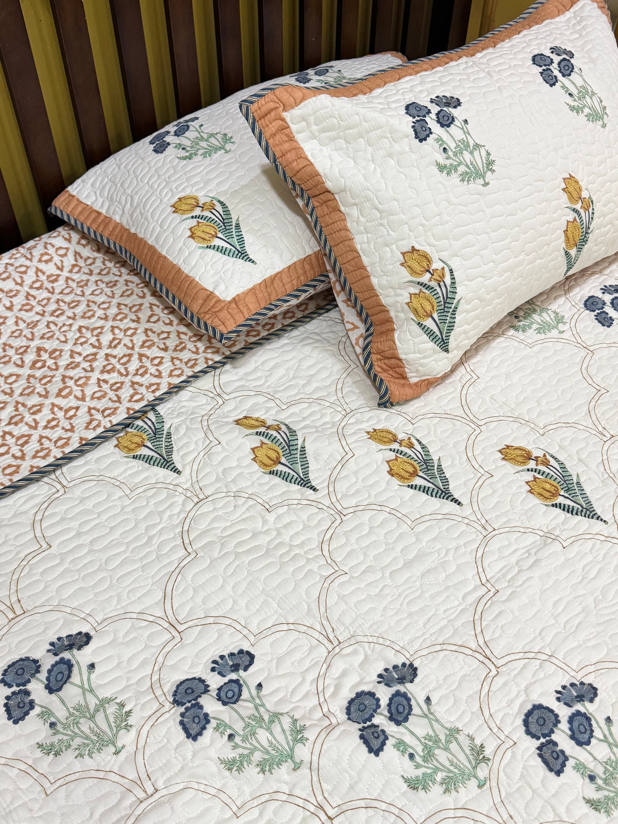 KING Size Quilted Blockprint REVERSIBLE Mulmul Bedcover (108*108 inches)