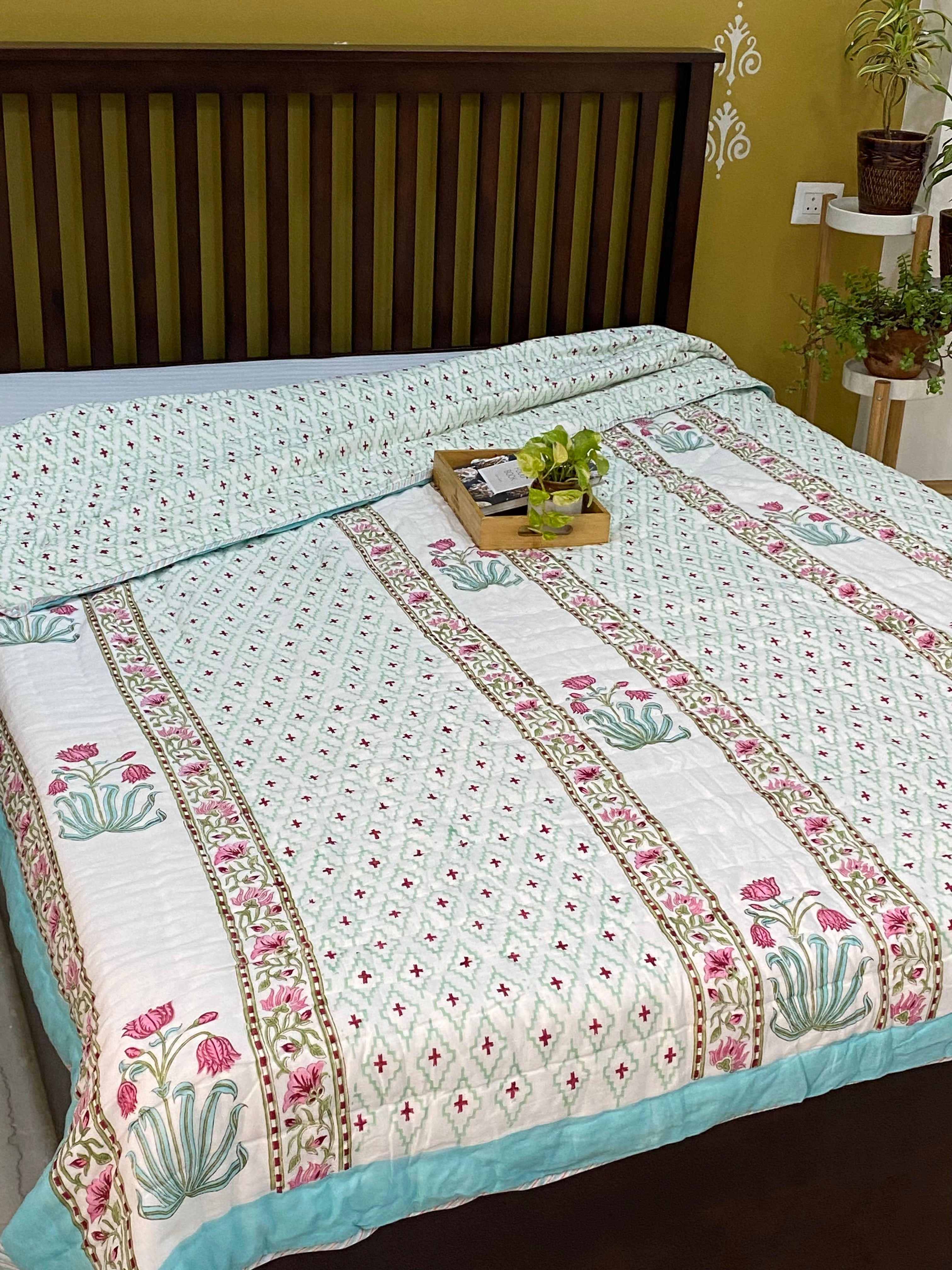 Blockprint Mulmul Reversible Quilt- King Size (108*108 inches)