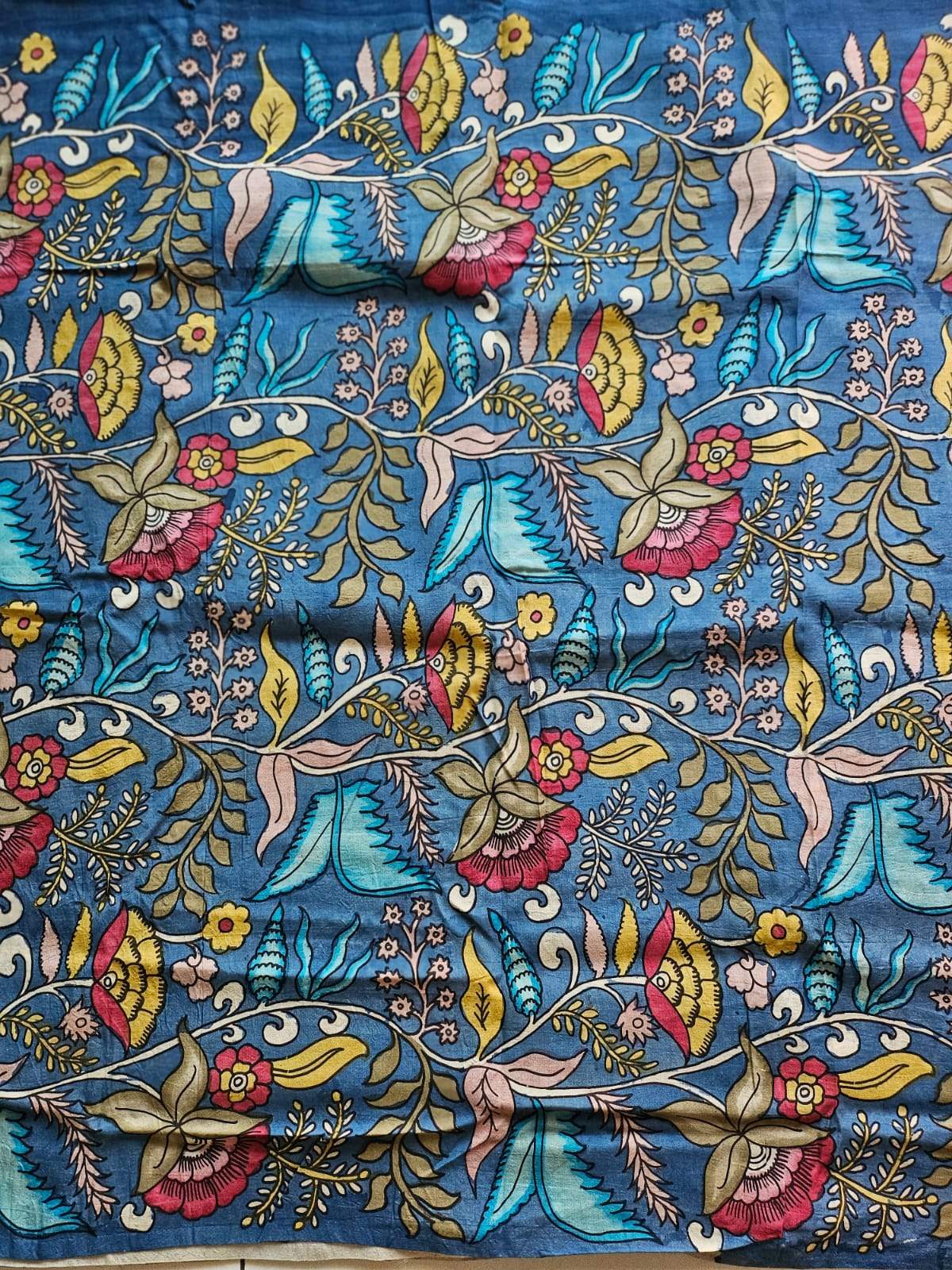 Floral Bangalore Silk Pen Kalamkari Blouse Fabric with Blue Base Colour