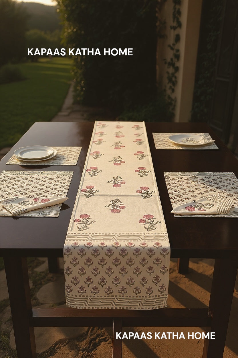 Blockprint Table Runner, Mat & Napkin Set- 6 Seater