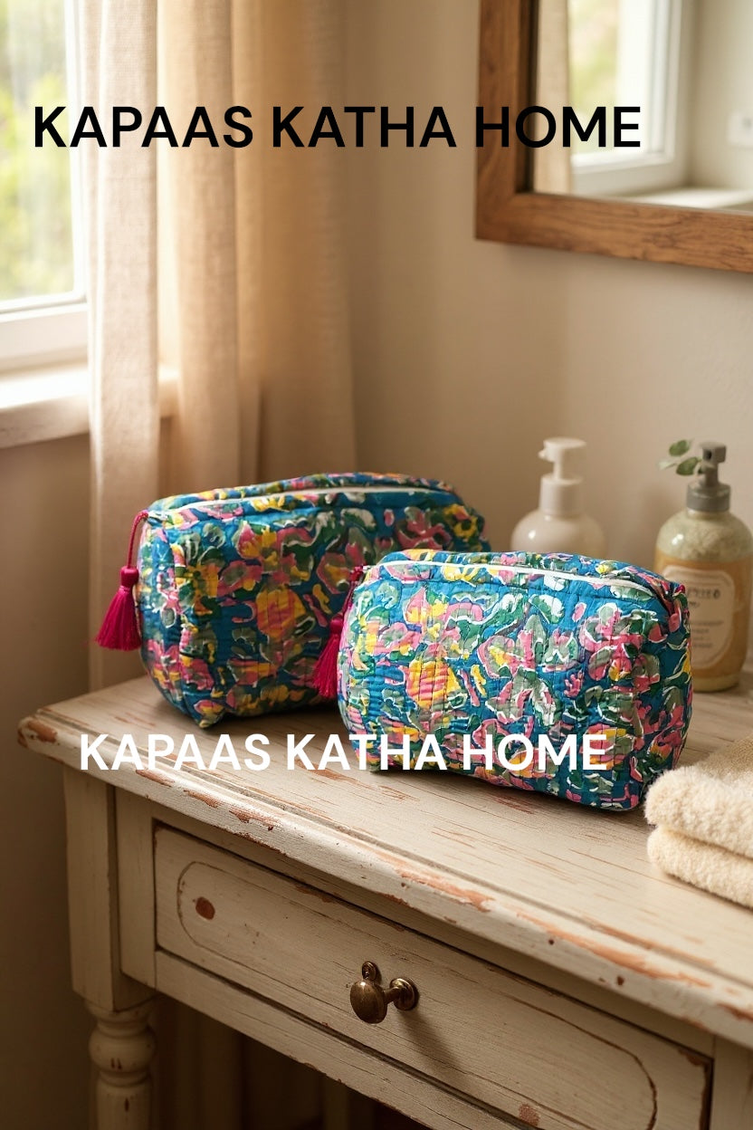 Blue Floral Set of 2 Pouches (medium and small)