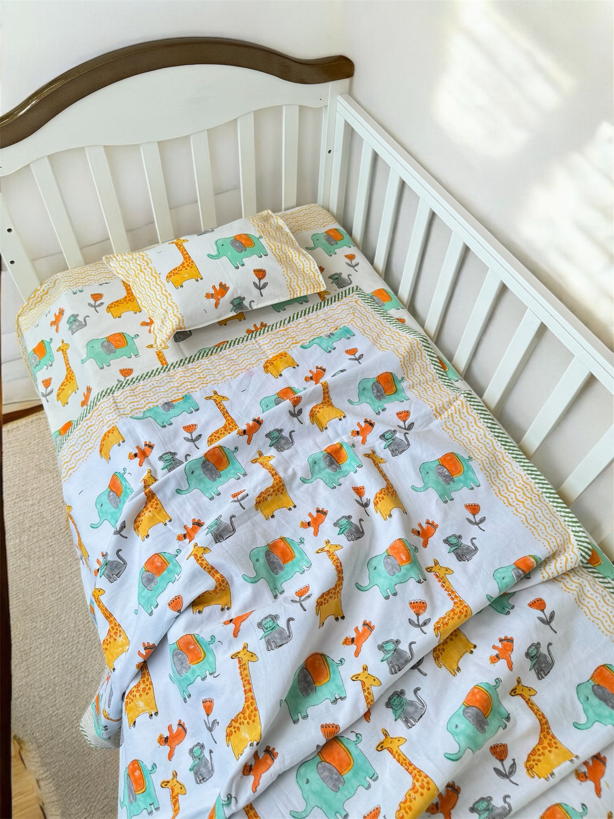 Adorable Giraffe Elephant- Baby Cot Bedding (cot sheet, dohar, pillowcase)