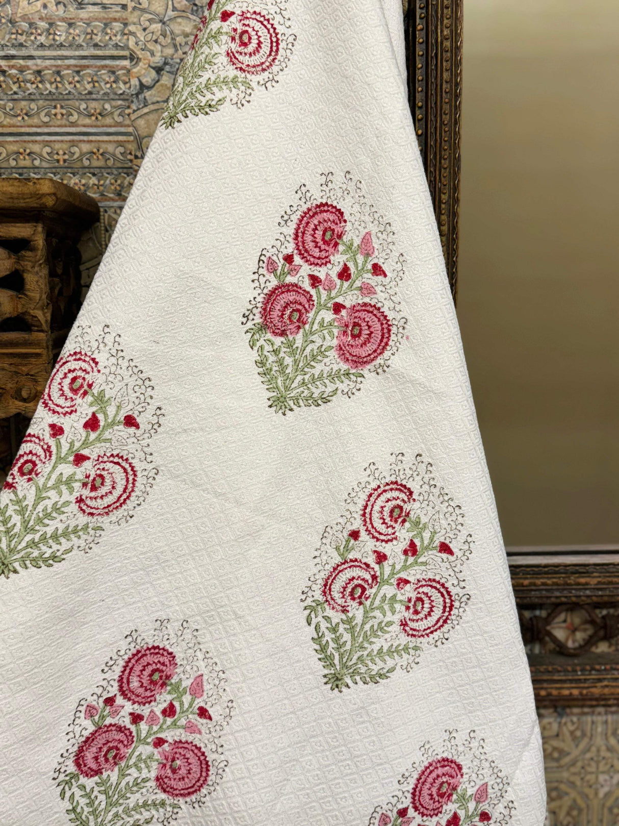 Pink Floral Blockprint Soft Cotton Towel– Cotton Jacquard Weave