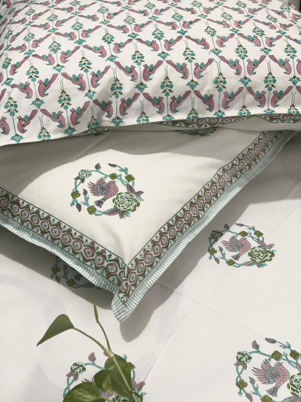Bird Motif Hand Block Cotton Bedsheet & Quilt Set