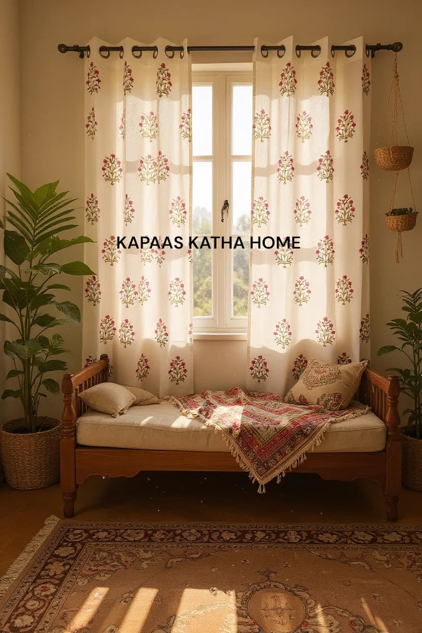 Pair of Pink Blockprint Cotton Curtain (Set of 2)