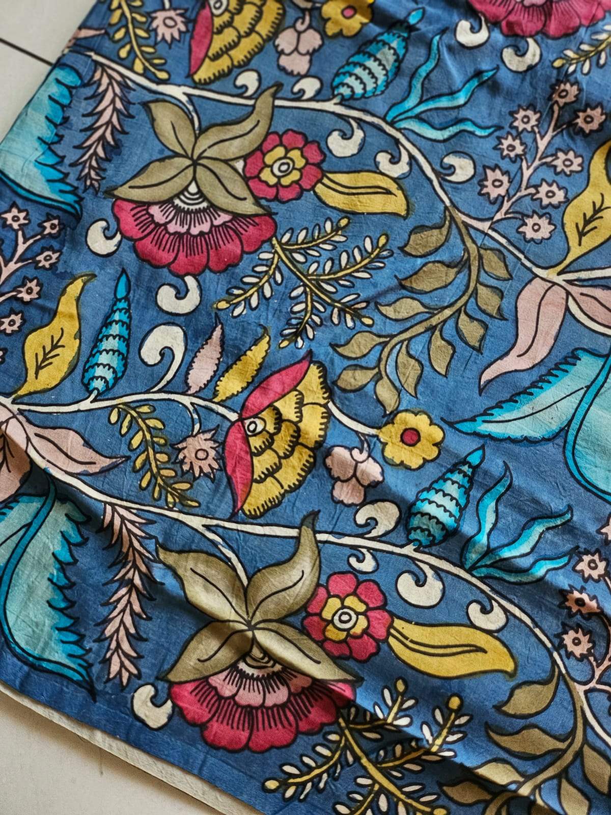 Floral Bangalore Silk Pen Kalamkari Blouse Fabric with Blue Base Colour