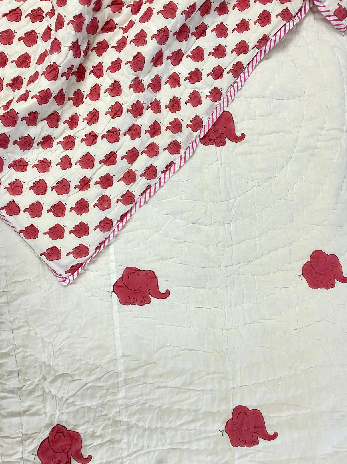 Pink Elephant HandBlock Printed Mulmul Reversible Quilt