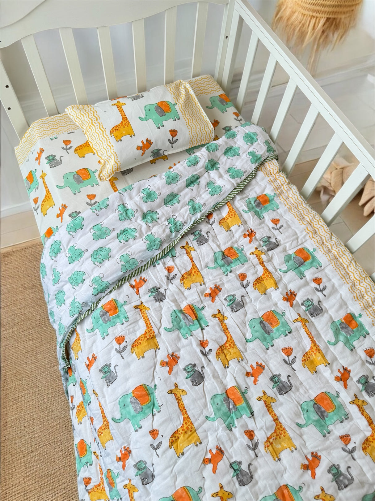 Adorable Giraffe Elephant- Baby Cot Bedding (cot sheet, quilt, pillowcase)