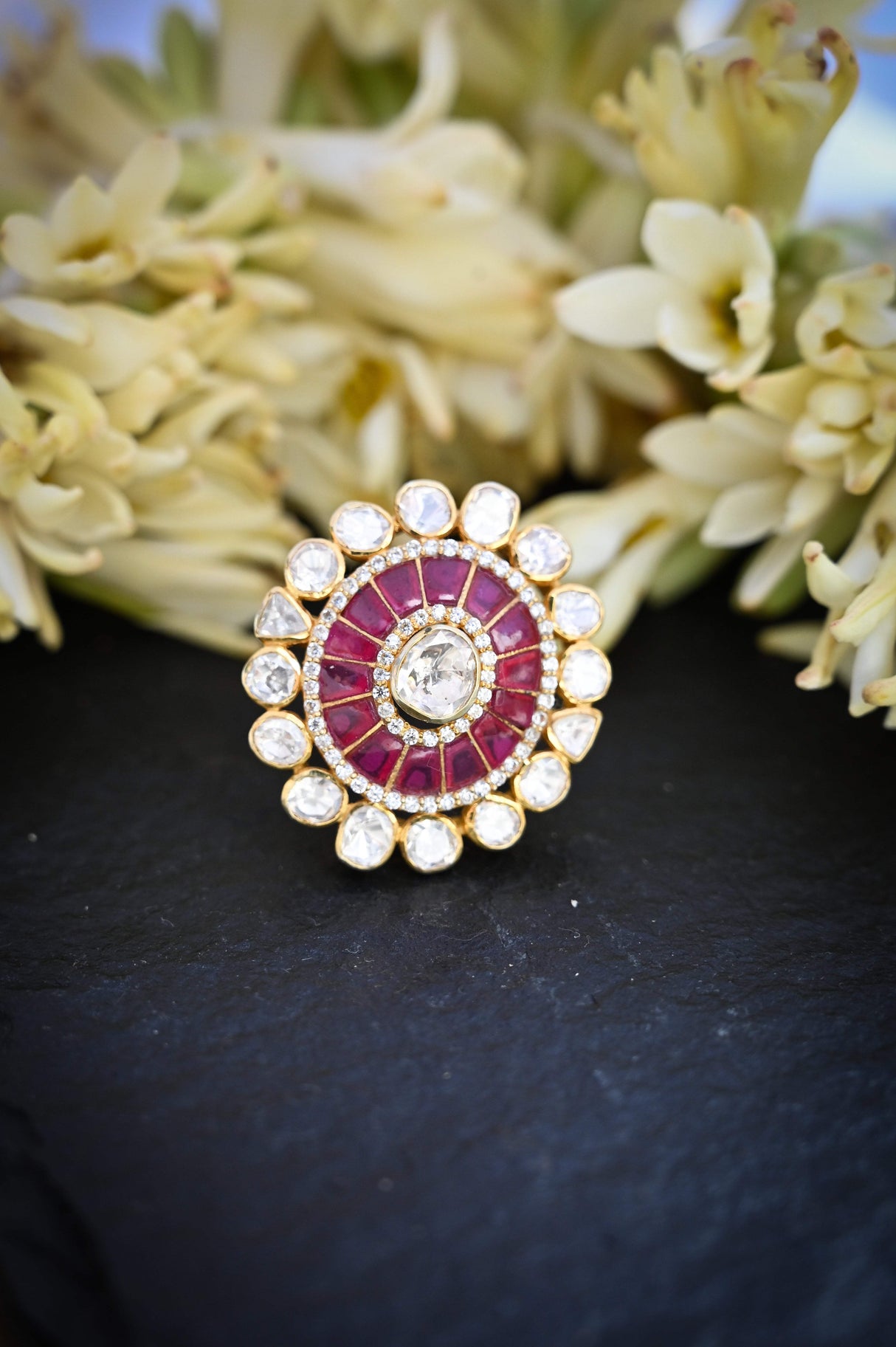 Royal Sage - Handcrafted Adjustable 92.5 Silver Ring with Moissanite polki and Imitation Ruby