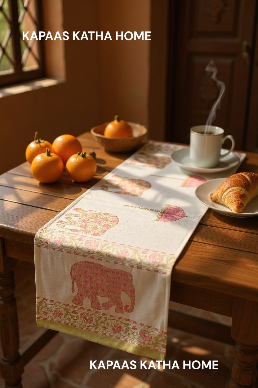 Majestic Elephants Blockprint Cotton Table Runner