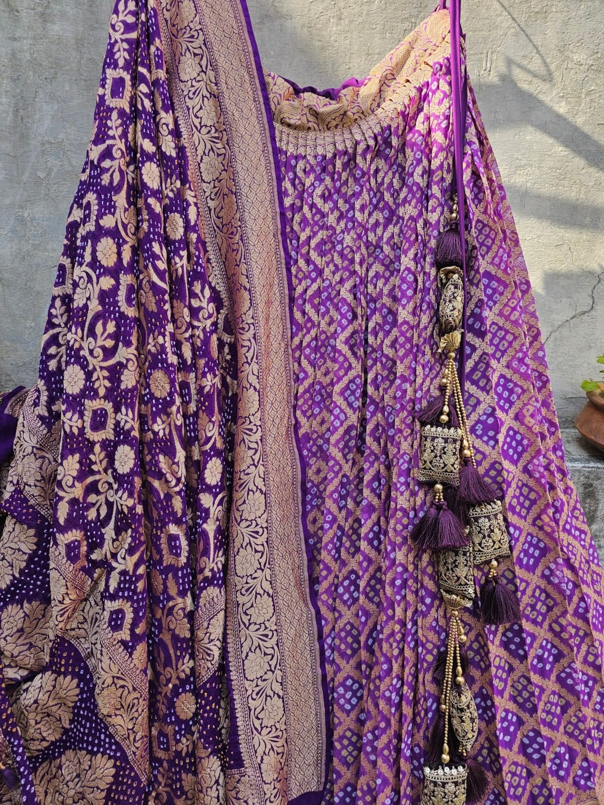 Gorgeous Purple Pure Banarsi Georgette Bandhani Lehenga with Dupatta