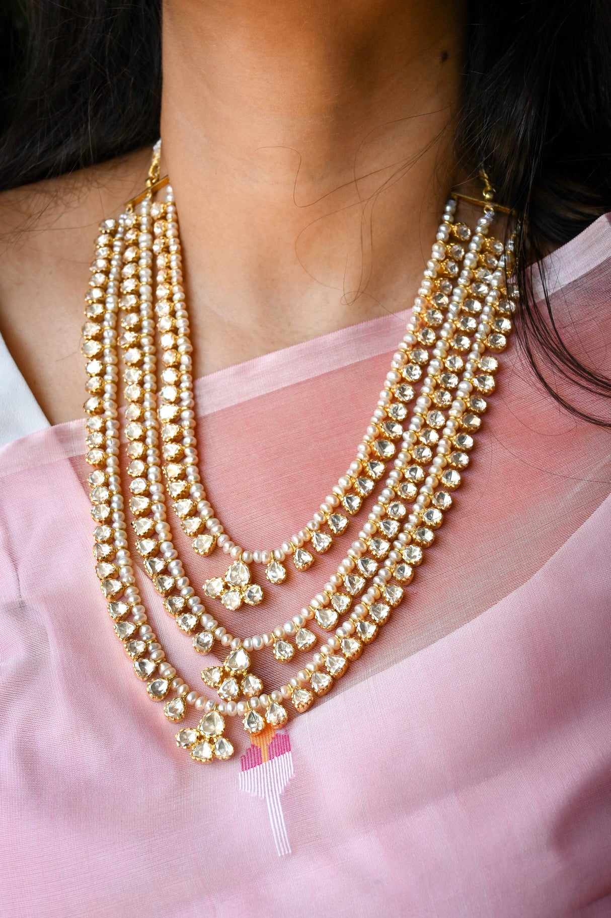 Handcrafted 92.5 Silver Rani Haar and Earrings With Moissanite Polki