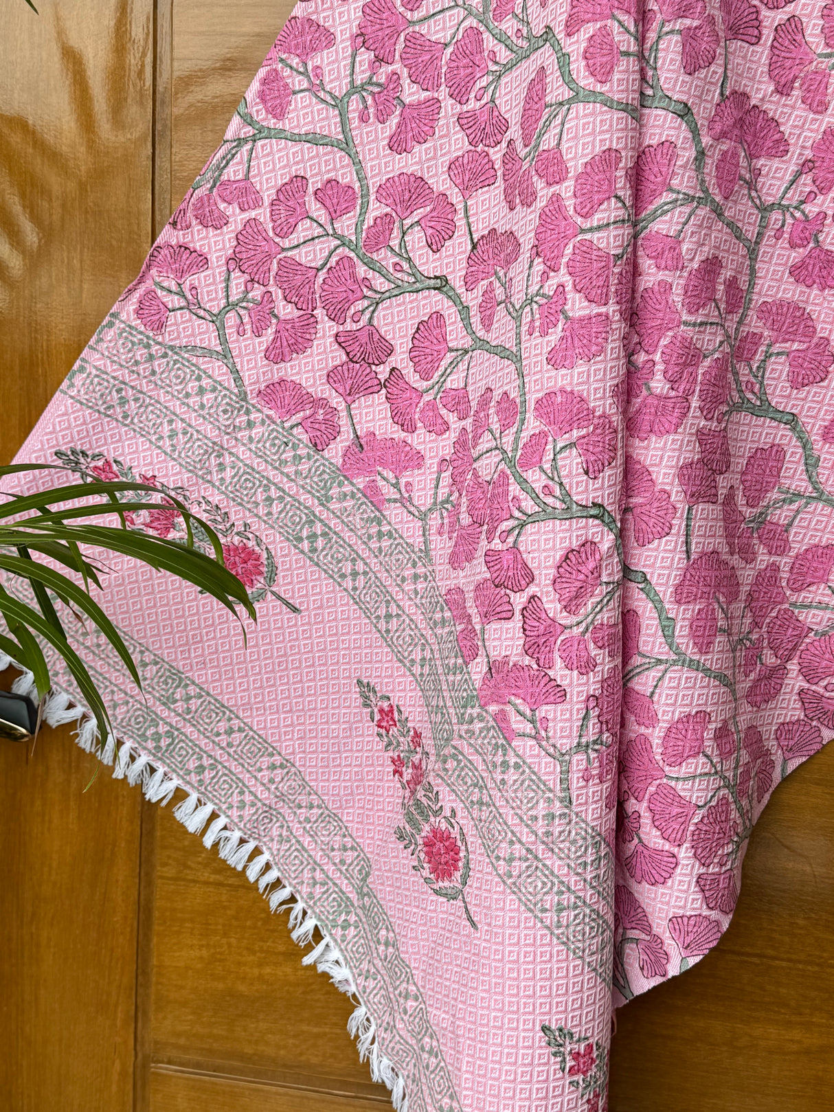 Beautiful Pink Blockprint Soft Cotton Towel– Cotton Jacquard Weave