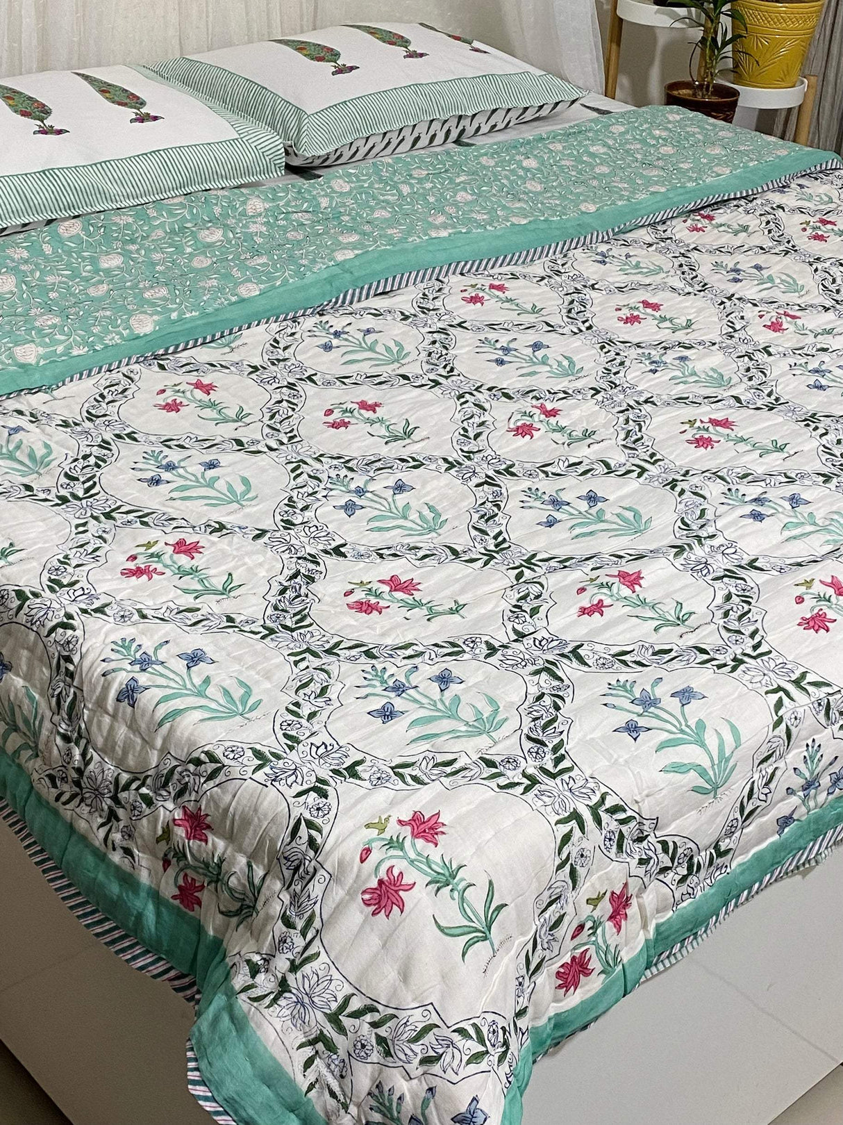 Elegant Green Floral Blockprint Bedsheet & Quilt Set