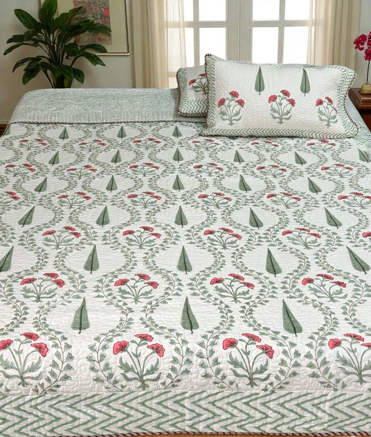 KING Size Quilted Blockprint REVERSIBLE Mulmul Bedcover (108*108 inches)
