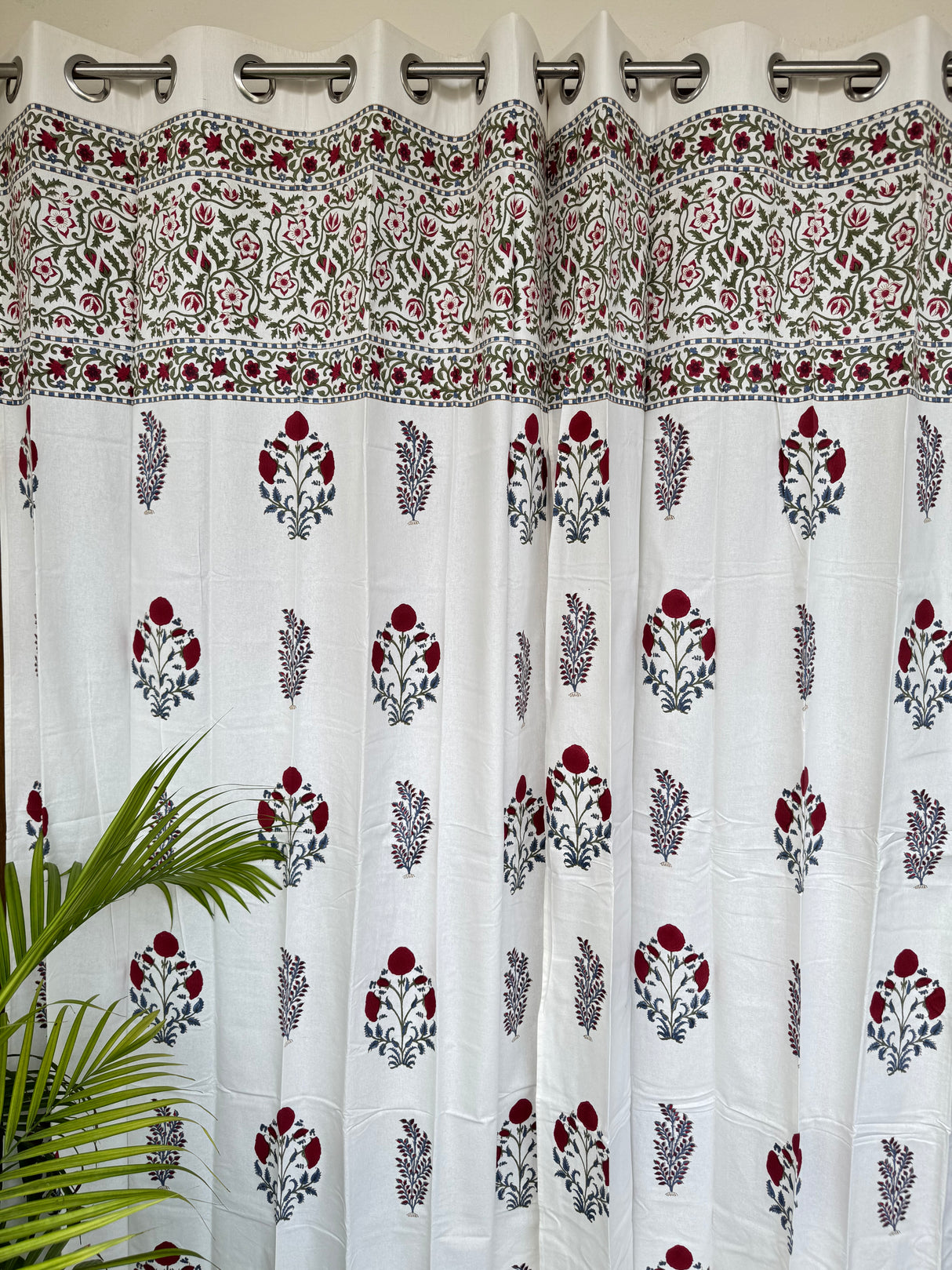 Pair of Red Elegant Blockprint Cotton Curtains (Set of 2)