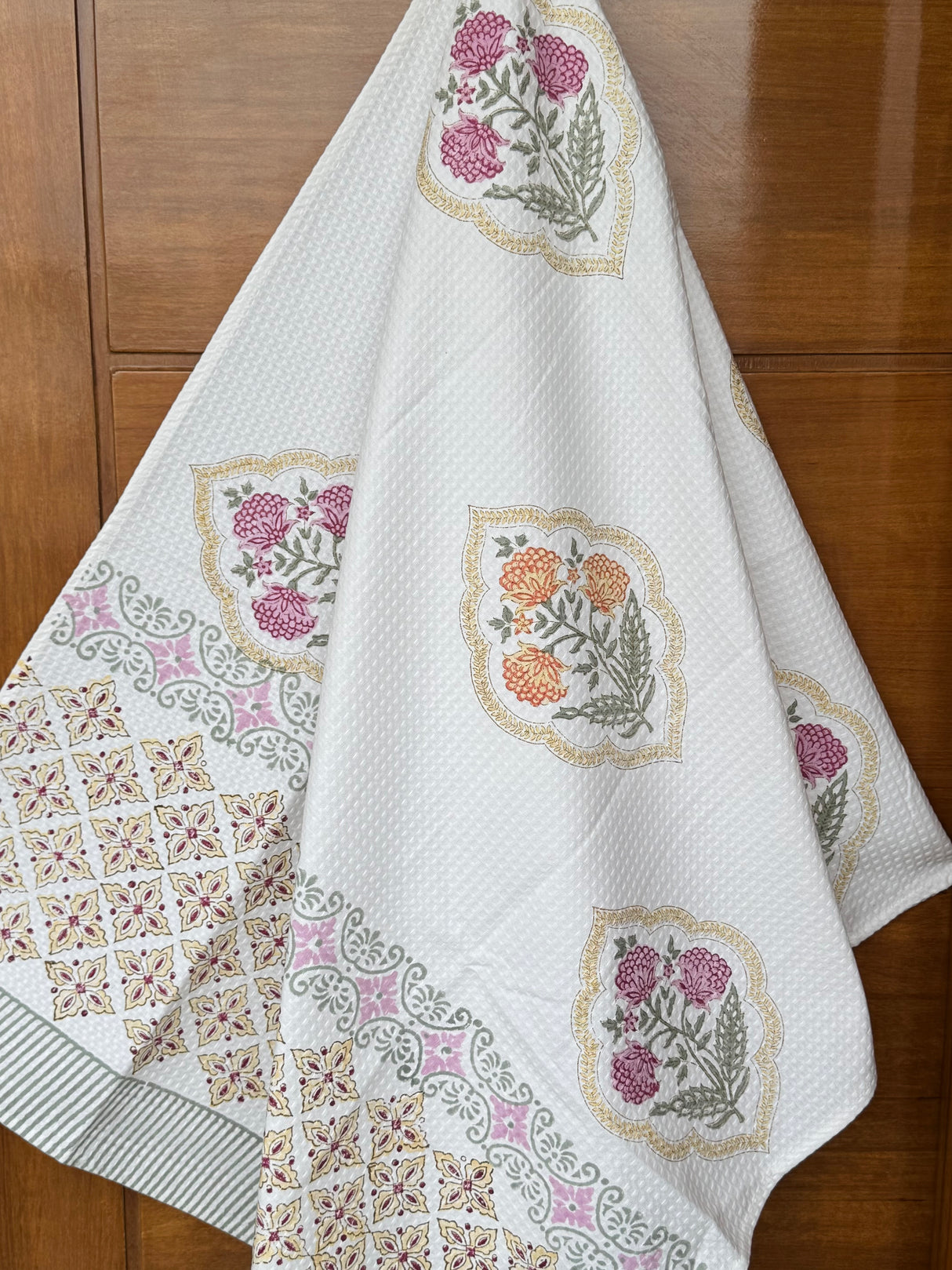 Classy Floral Blockprint Cotton Towel – Waffle Weave