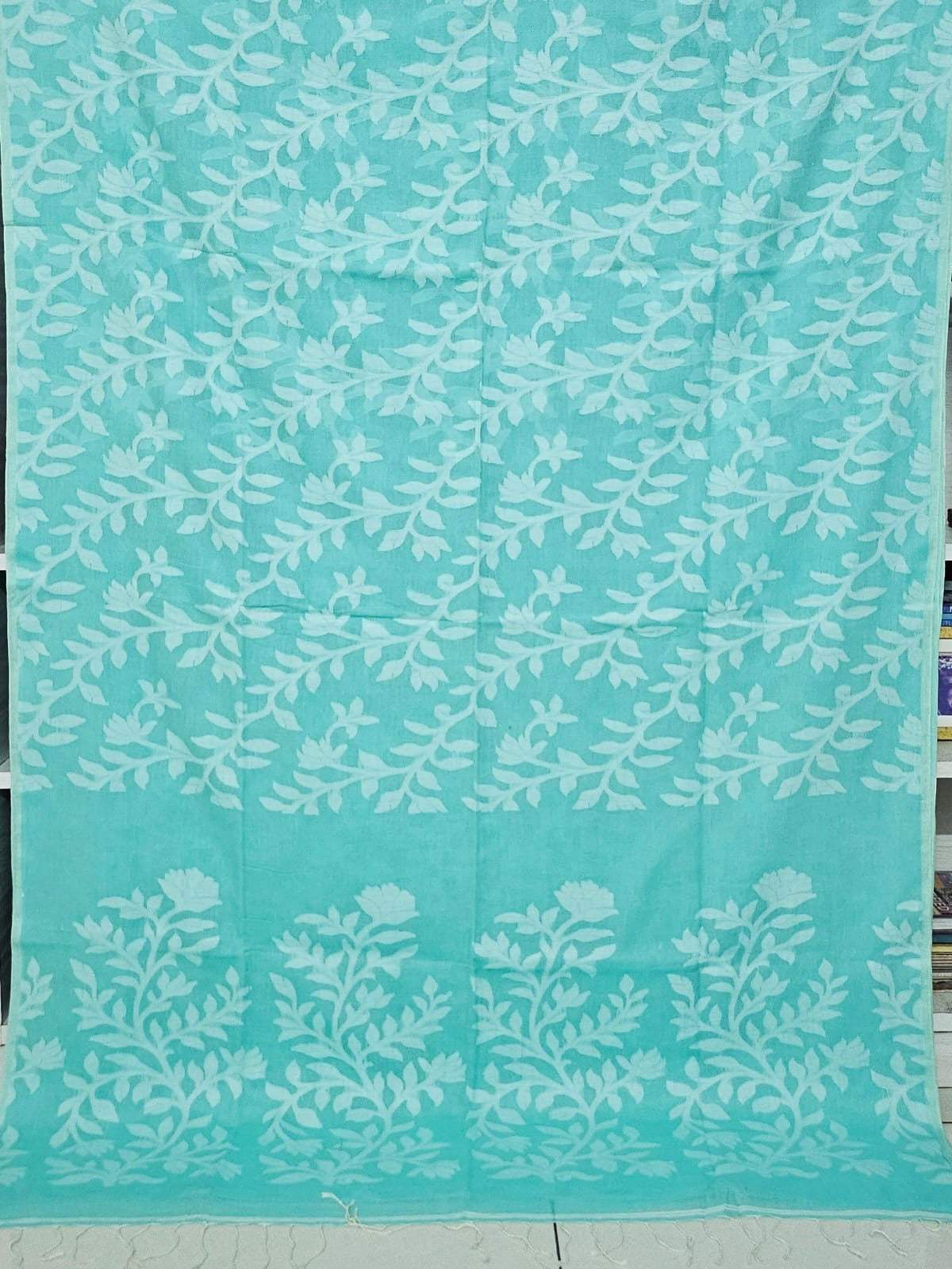 Turquoise Floral Cotton Saree made on Jacquard Loom