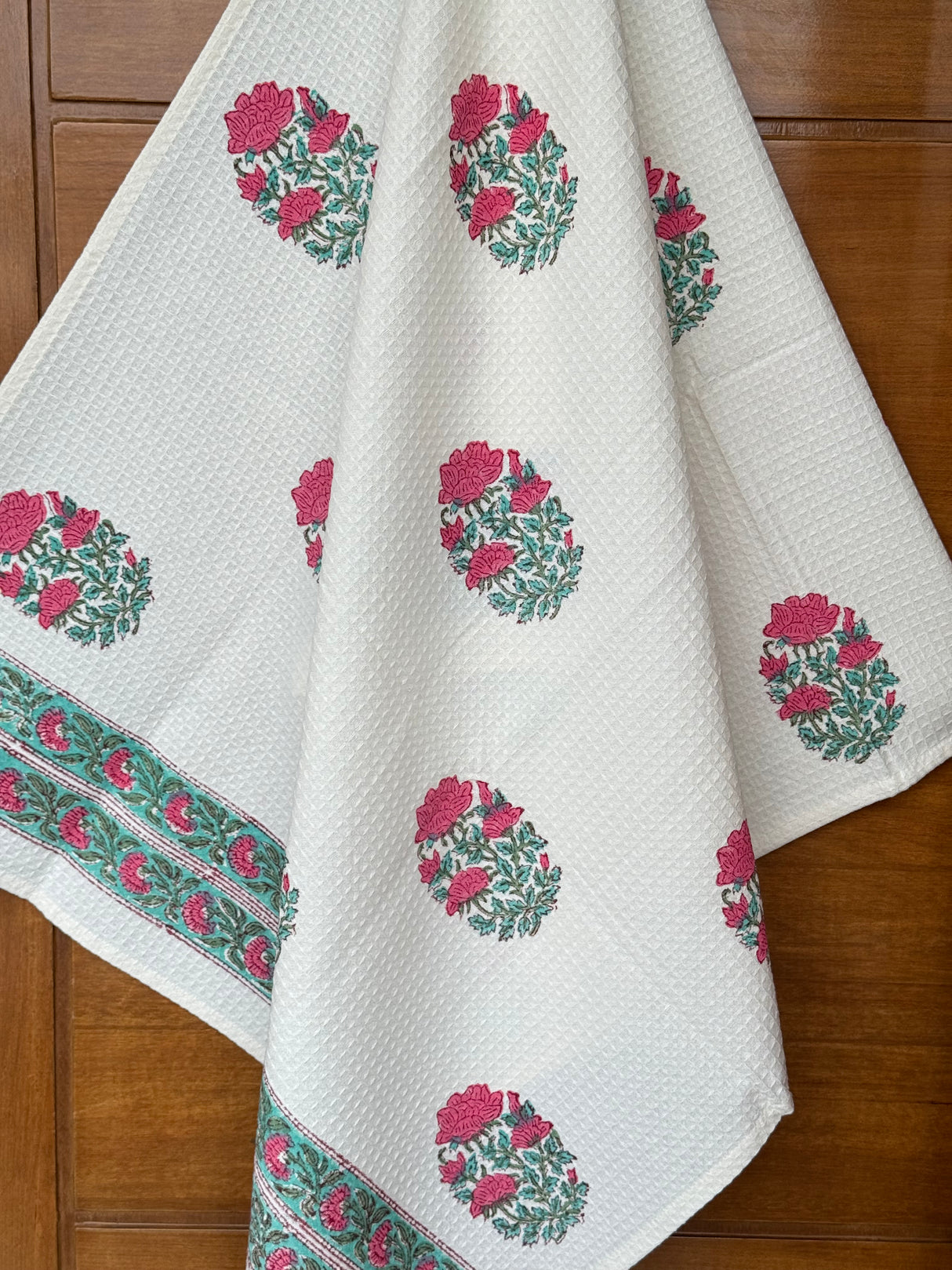 Pretty Rose Blockprint Cotton Towel- Waffle Weave