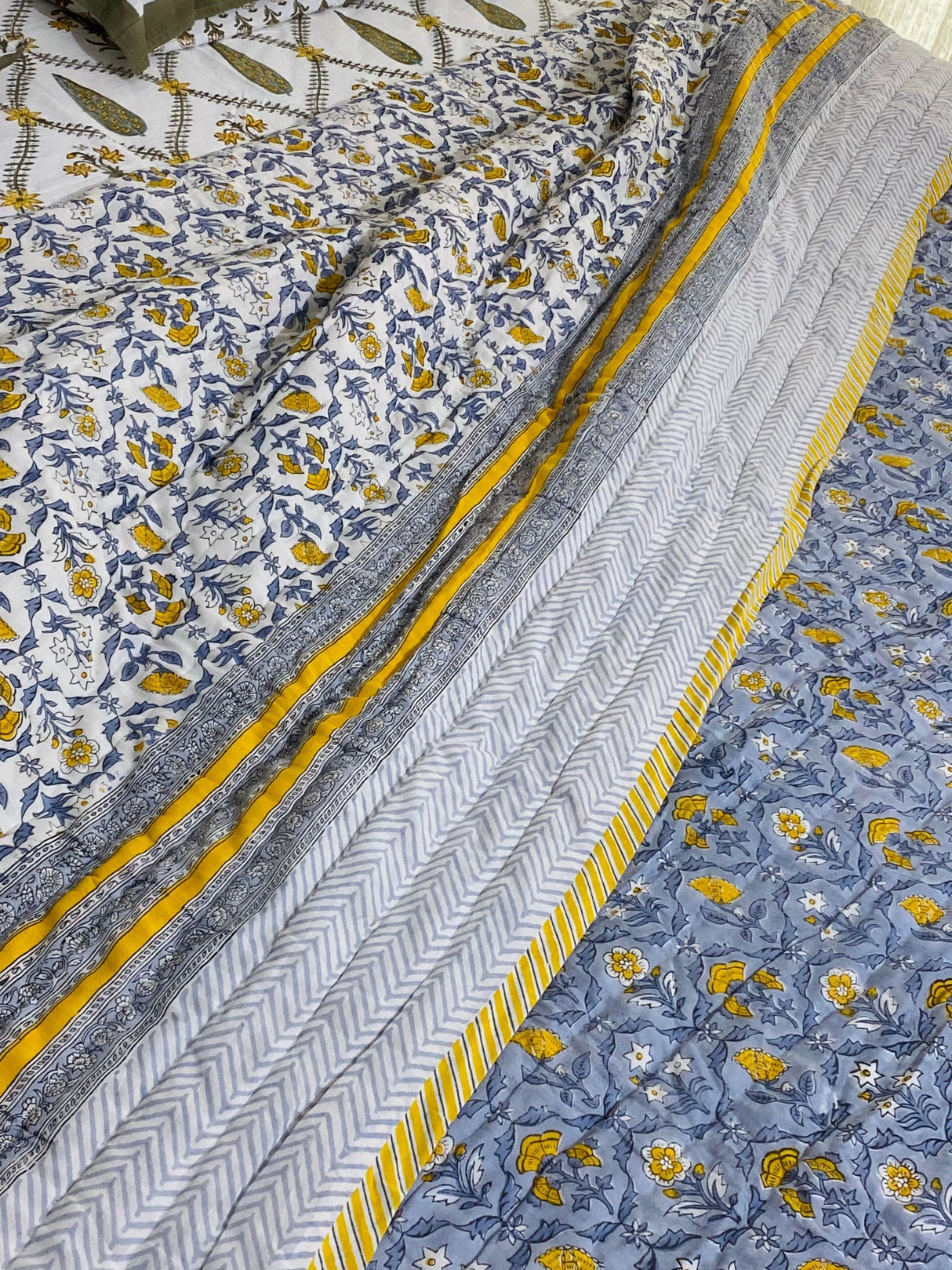 Grey and Yellow Theme Blockprint Bedsheet & Quilt Set
