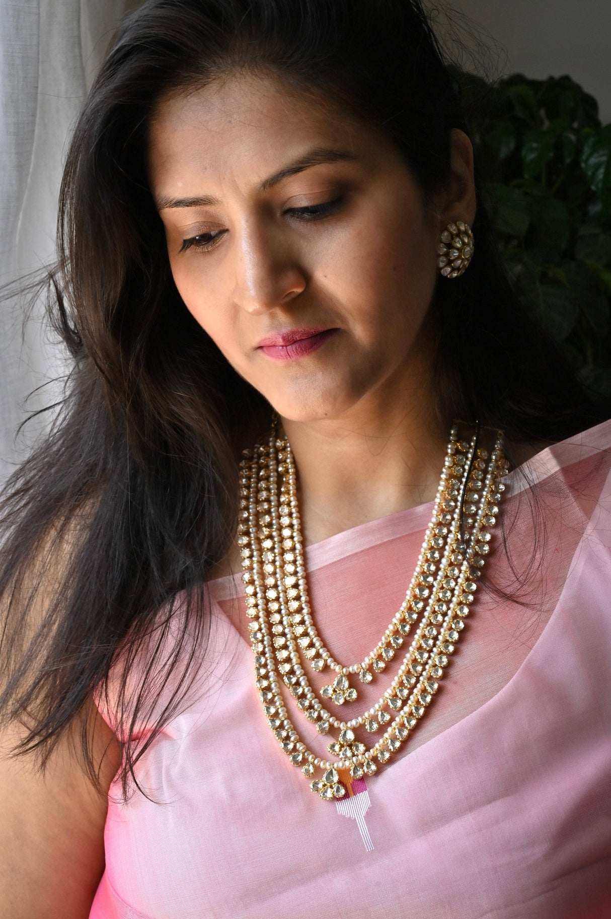 Handcrafted 92.5 Silver Rani Haar and Earrings With Moissanite Polki