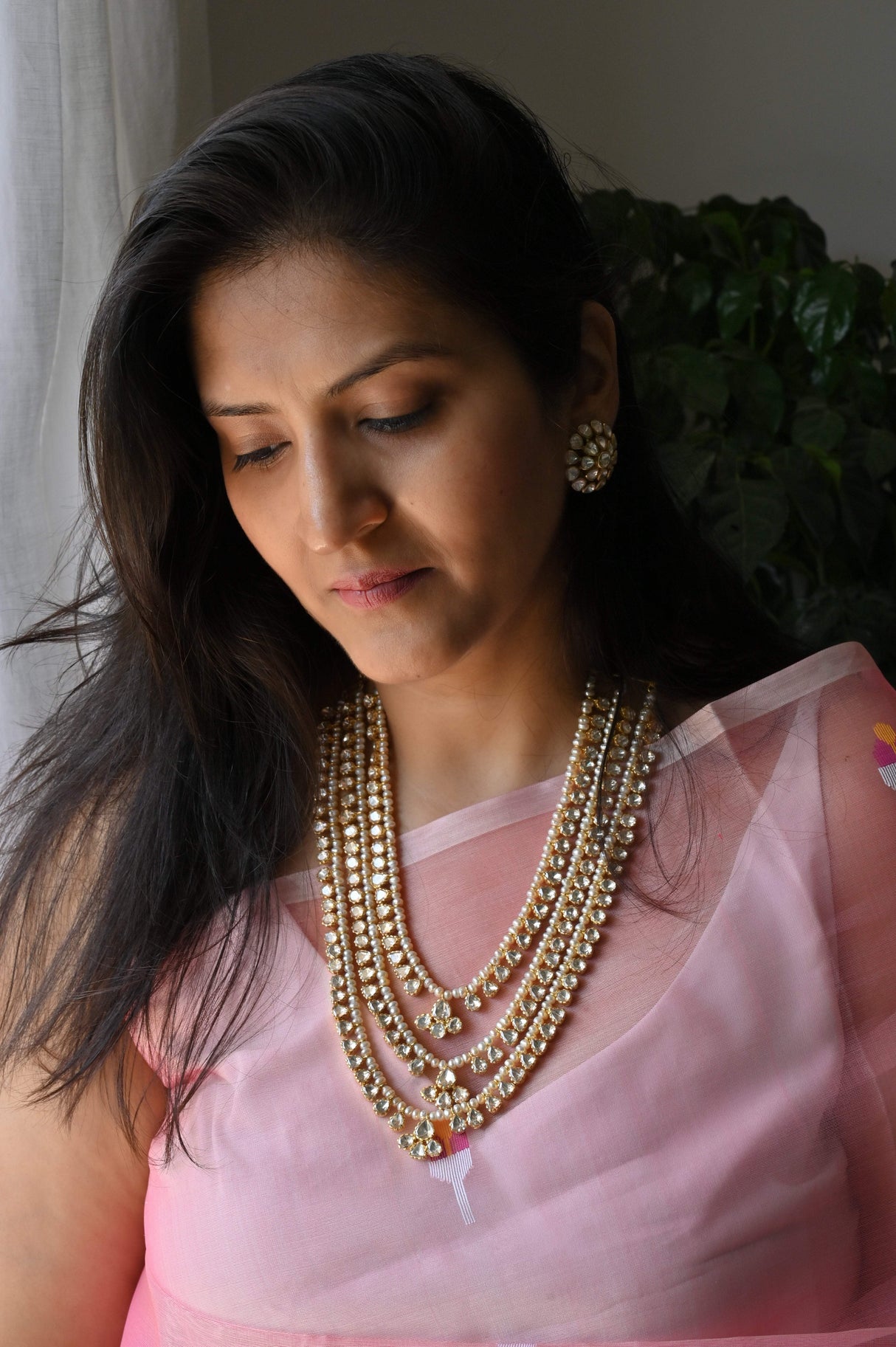 Handcrafted 92.5 Silver Rani Haar and Earrings With Moissanite Polki