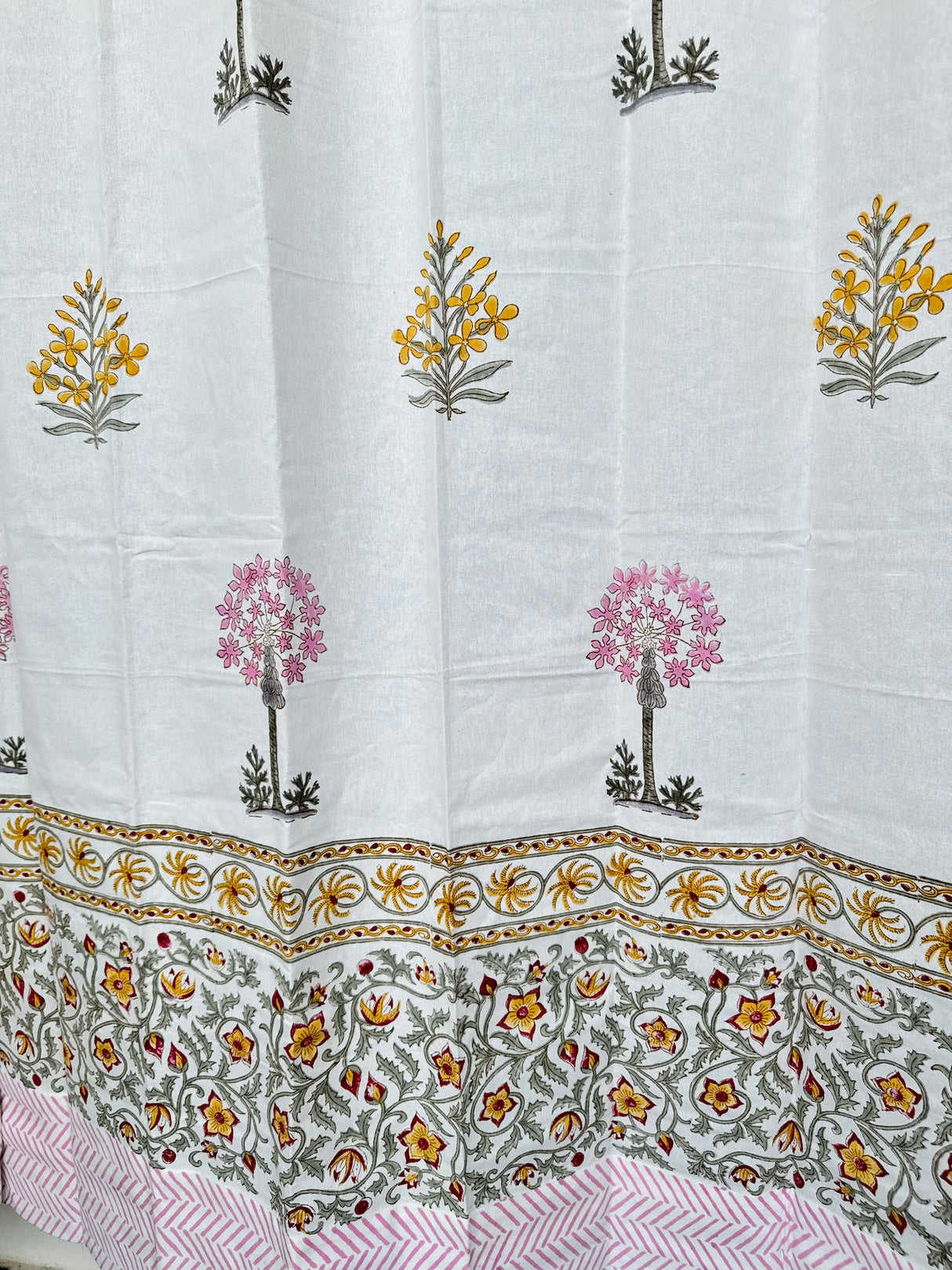 Pretty Pink Yellow Blockprint Cotton Curtain
