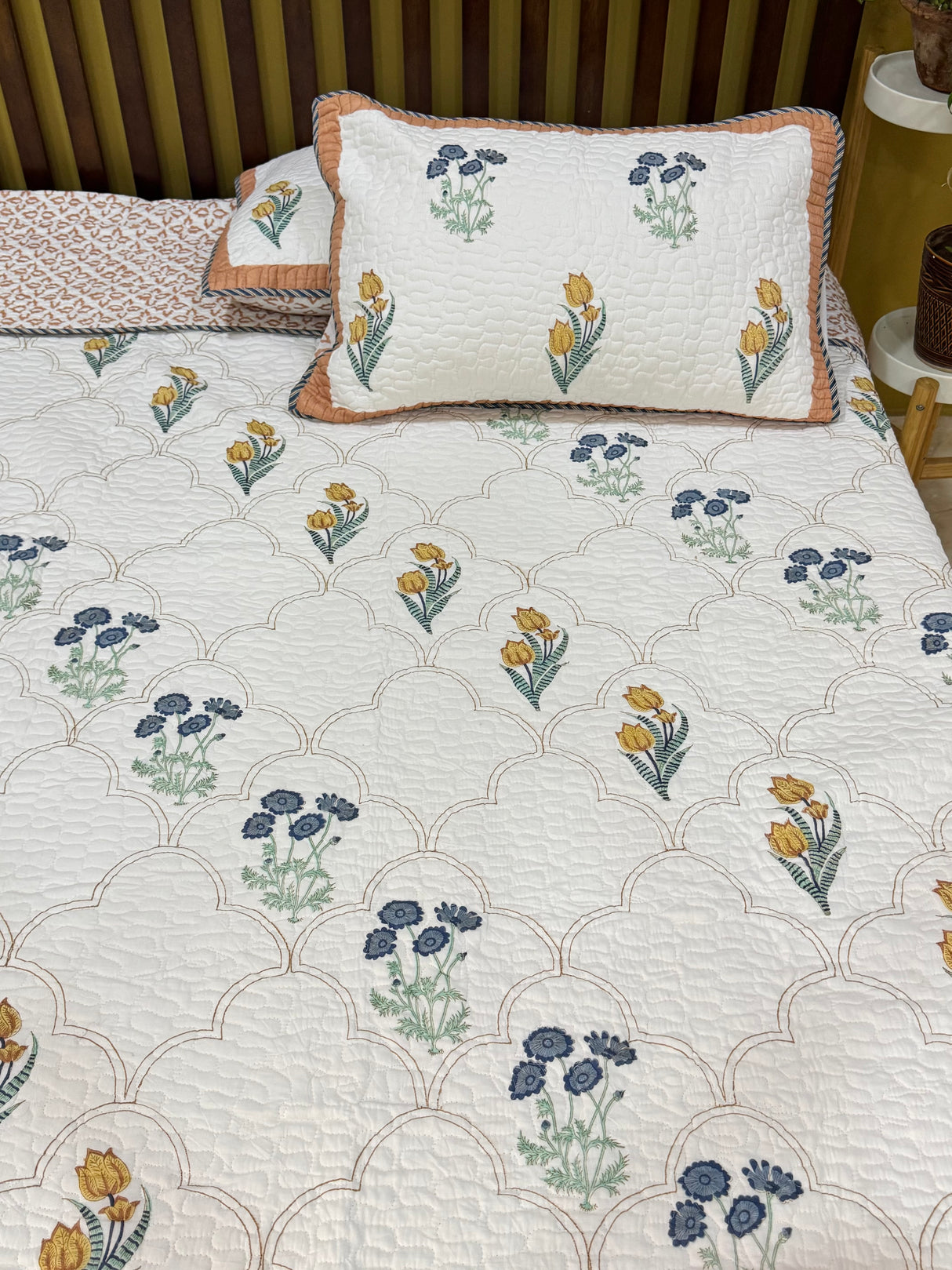 KING Size Quilted Blockprint REVERSIBLE Mulmul Bedcover (108*108 inches)