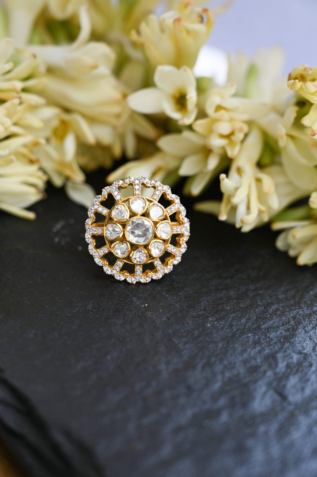 Royal Orbit Handcrafted Adjustable 92.5 Silver Ring with Moissanite polki