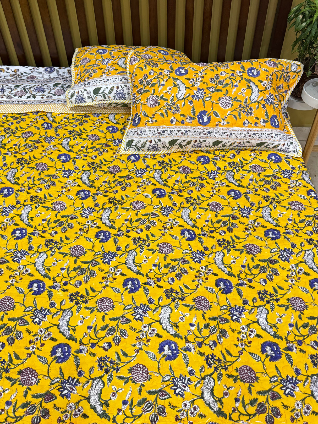 KING Size Quilted Blockprint REVERSIBLE Mulmul Bedcover (108*108 inches)