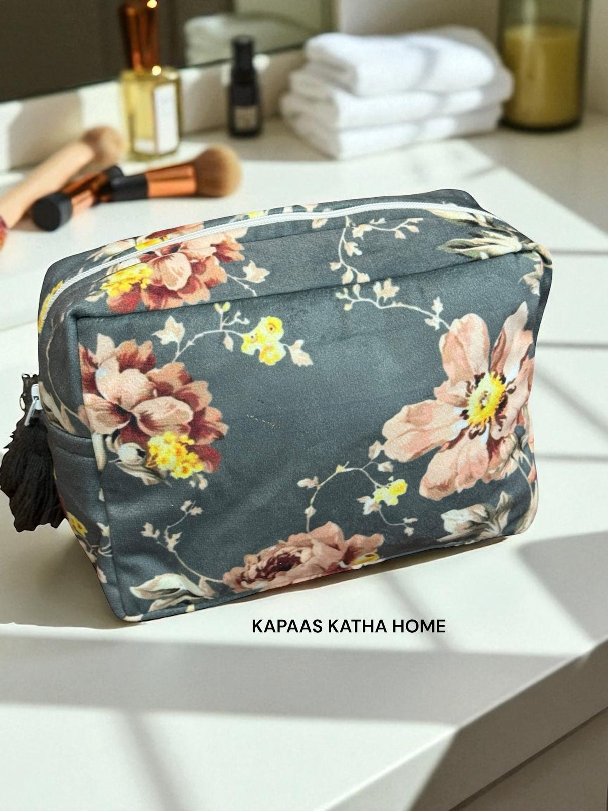 Grey Velvet Quilted Multipurpose Pouch