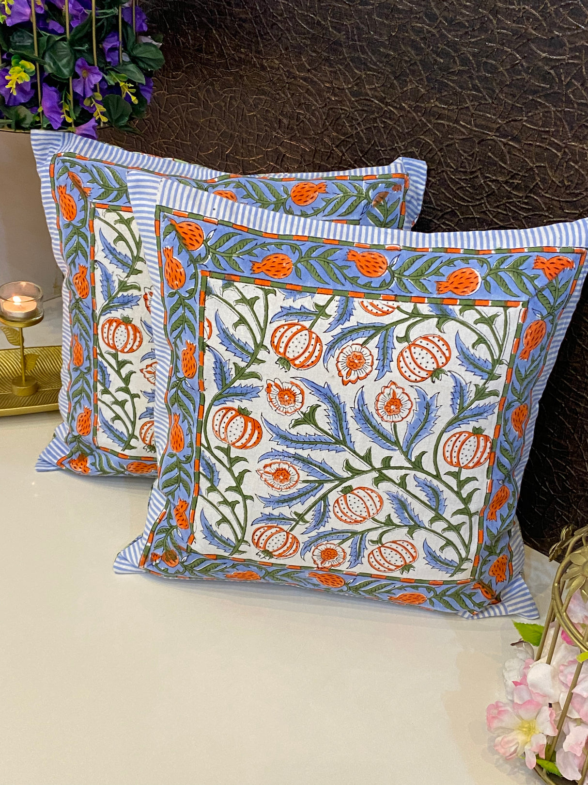Pair of Handblock Printed Cushion Covers- 16*16 inches