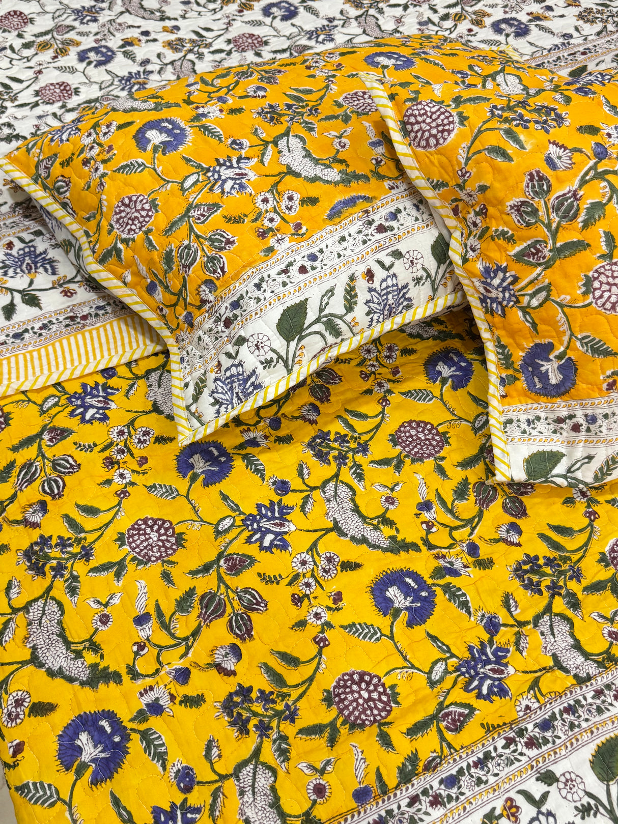 KING Size Quilted Blockprint REVERSIBLE Mulmul Bedcover (108*108 inches)