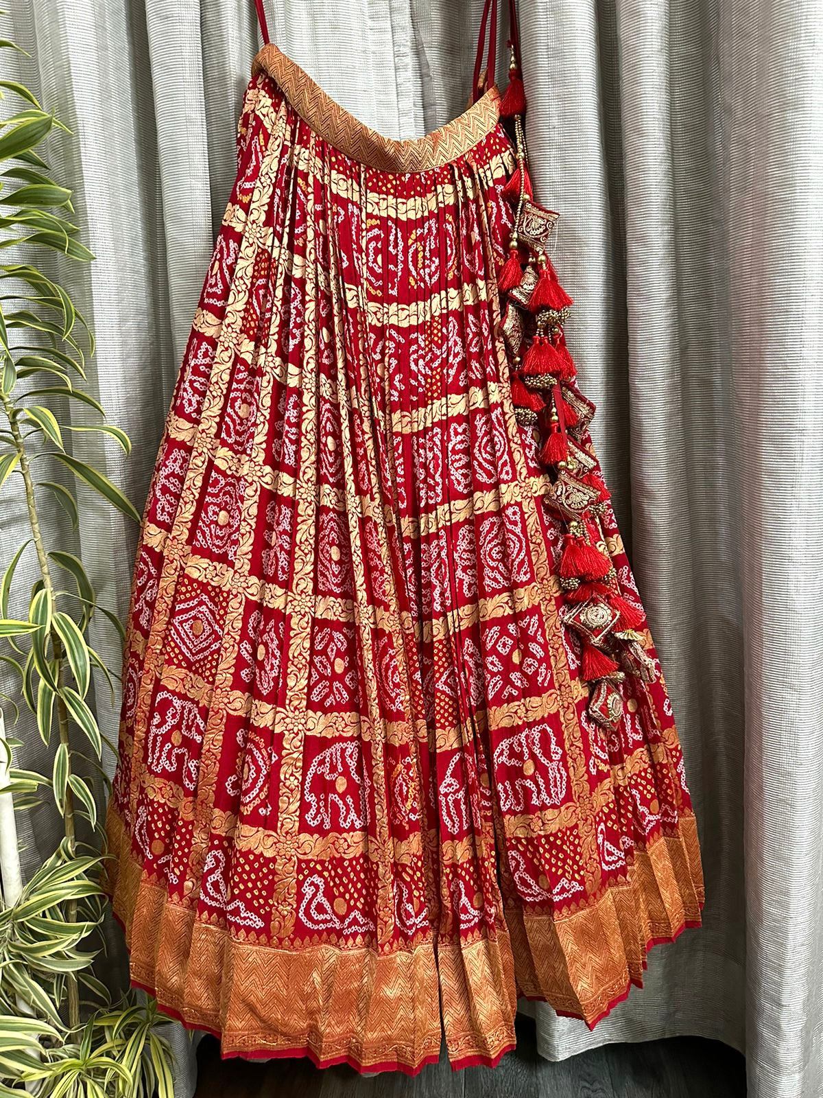 Red Pure Banarsi Georgette Gharchola Bandhani Lehenga