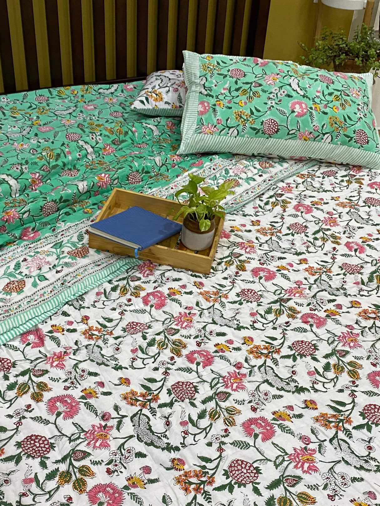 Green Floral Print Cotton Blockprint Bedsheet & Quilt Set