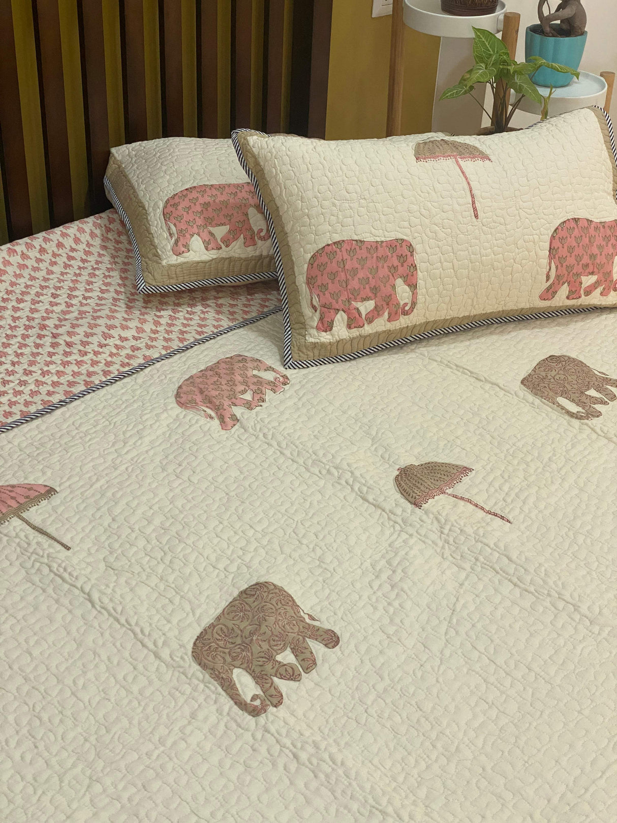 KING Size Quilted Blockprint REVERSIBLE Mulmul Bedcover (108*108 inches)