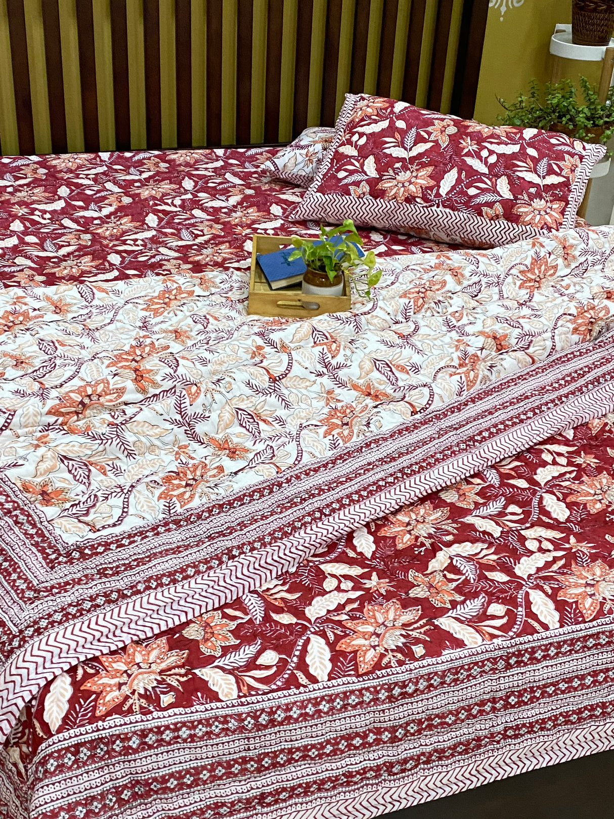 Rich Maroon Blockprint Bedsheet & Quilt Set