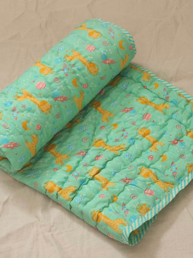 Green Giraffe Elephant Blockprint Kids Quilt
